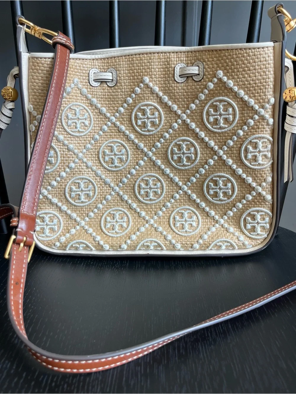 Tory Burch Jacquard Straw Monogram Bag - Picture 1 of 3